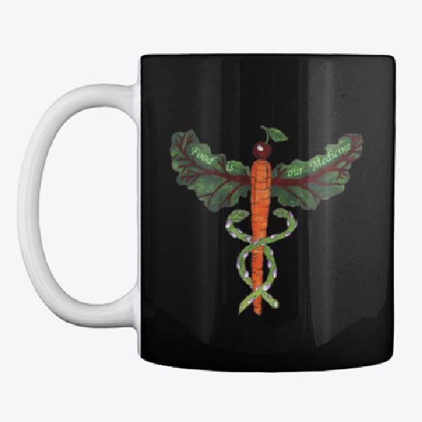 A Caduceus, the medical symbol, made of fruits and vegetables.  A cherry on top of a Carrot, with asparagus wrapping around.  Ruby Chard makes the wings and the phrase “Food is our Medicine” is written within.    