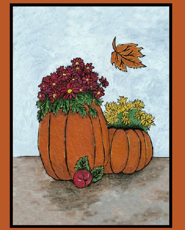 Two pumkins with Mums planted inside.  Art work by Sharon Cyboron Leaman