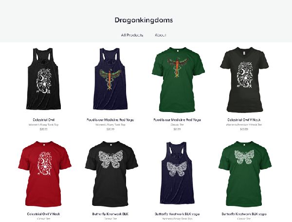 The front page of Dragonkingdoms store at Teespring