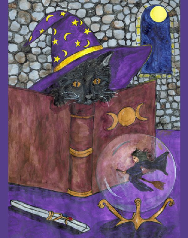 A Cat with a Magical hat, reading a  magical book and watching the witch in the crystal ball journal. Art work by Sharon Cyboron Leaman